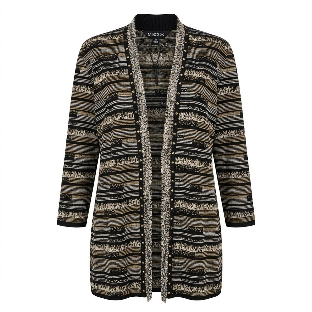 NWT Misook Women's Black Gold‎ Silver Metallic Geometric Long Knit Cardigan XL